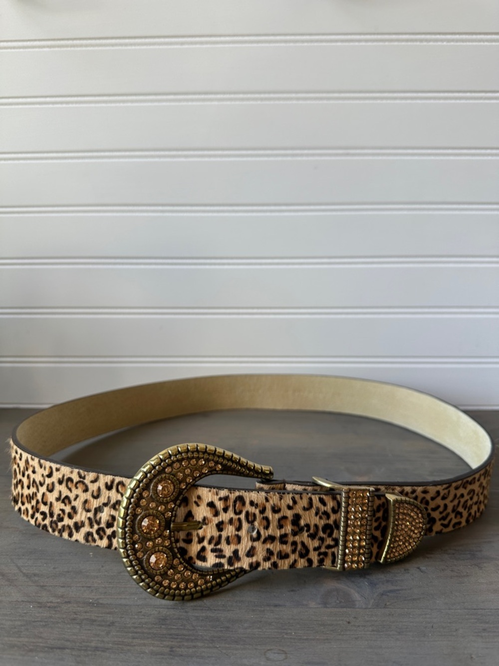 Chico's Leopard Print Belt with Gold-Tone Jeweled Buckle